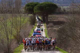 The peloton on the road at Strade Bianche