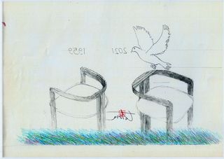 A pencil sketch by Tobia Scarpa of the Pigreco chair shown from two different angles and with a bird flying over one of them. Below the chairs is a series of green and blue pencil lines