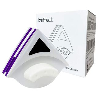 A white and purple plastic magnetic window cleaning tool with white cardboard packaging box behind