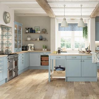 kitchen with wooden flooring and sky blue cabinets