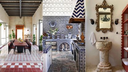 Three rooms decorated in Mexican style: a dining room, kitchen and bathroom