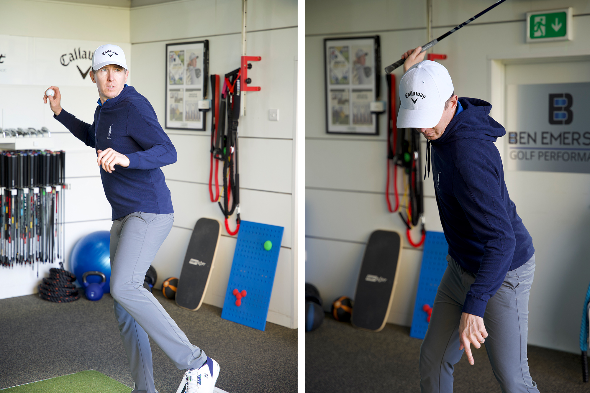 Ben Emerson throwing a golf ball by pushing into his lead foot, which translates to the same weight shift needed at the start of the downswing in the golf swing