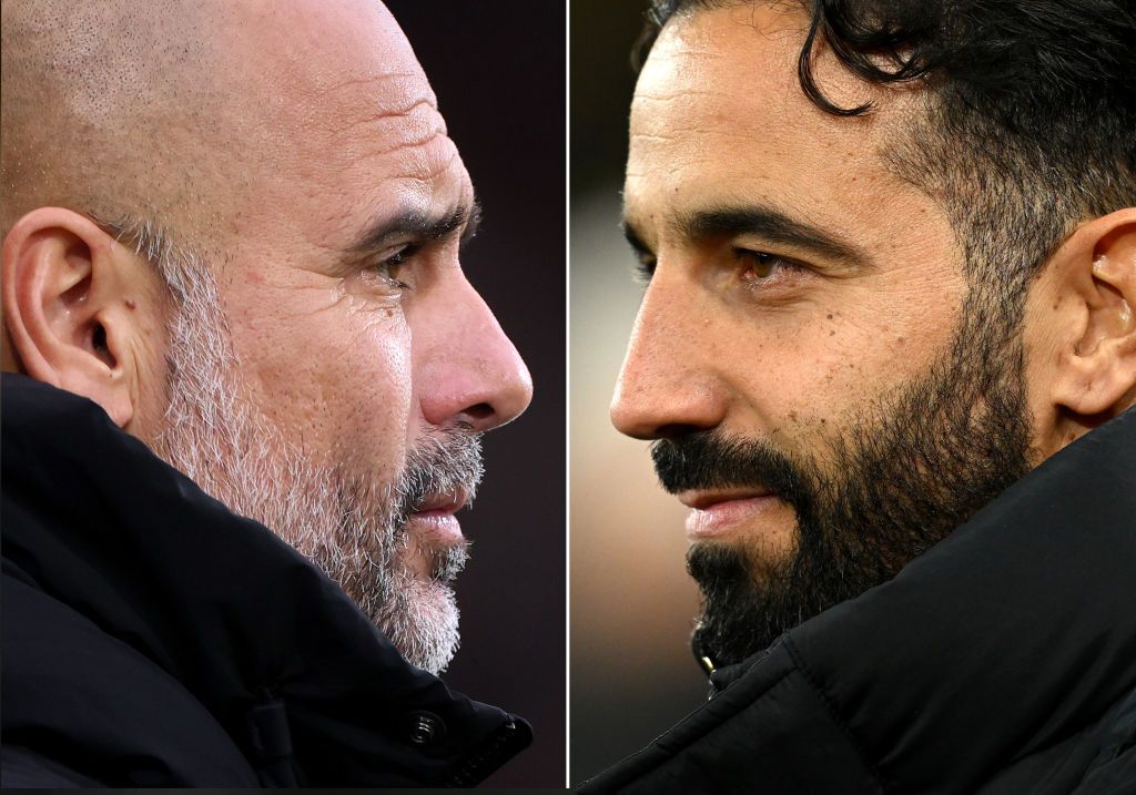 FILE PHOTO (EDITORS NOTE: COMPOSITE OF IMAGES - Image numbers 2182484184, 2187345604) In this composite image a comparison has been made between Pep Guardiola, Manager of Manchester City (L) and Ruben Amorim, Head Coach of Manchester United. Manchester City and Manchester United meet in a Premier League match on December 15,2024 at the Etihad Stadium in Manchester, England. ***LEFT IMAGE*** BOURNEMOUTH, ENGLAND - NOVEMBER 02: Pep Guardiola, Manager of Manchester City, looks on prior to the Premier League match between AFC Bournemouth and Manchester City FC at Vitality Stadium on November 02, 2024 in Bournemouth, England. (Photo by Alex Pantling/Getty Images) ***RIGHT IMAGE*** MANCHESTER, ENGLAND - NOVEMBER 28: Ruben Amorim, Head Coach of Manchester United, looks on prior to the UEFA Europa League 2024/25 League Phase MD5 match between Manchester United and FK Bodo/Glimt at Old Trafford on November 28, 2024 in Manchester, England. (Photo by Gareth Copley/Getty Images)