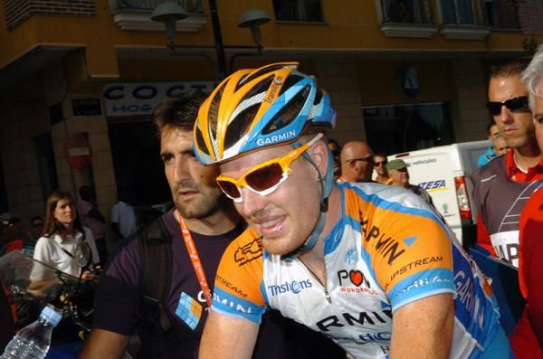 Tyler Farrar makes his way to the podium following his victory in stage five.