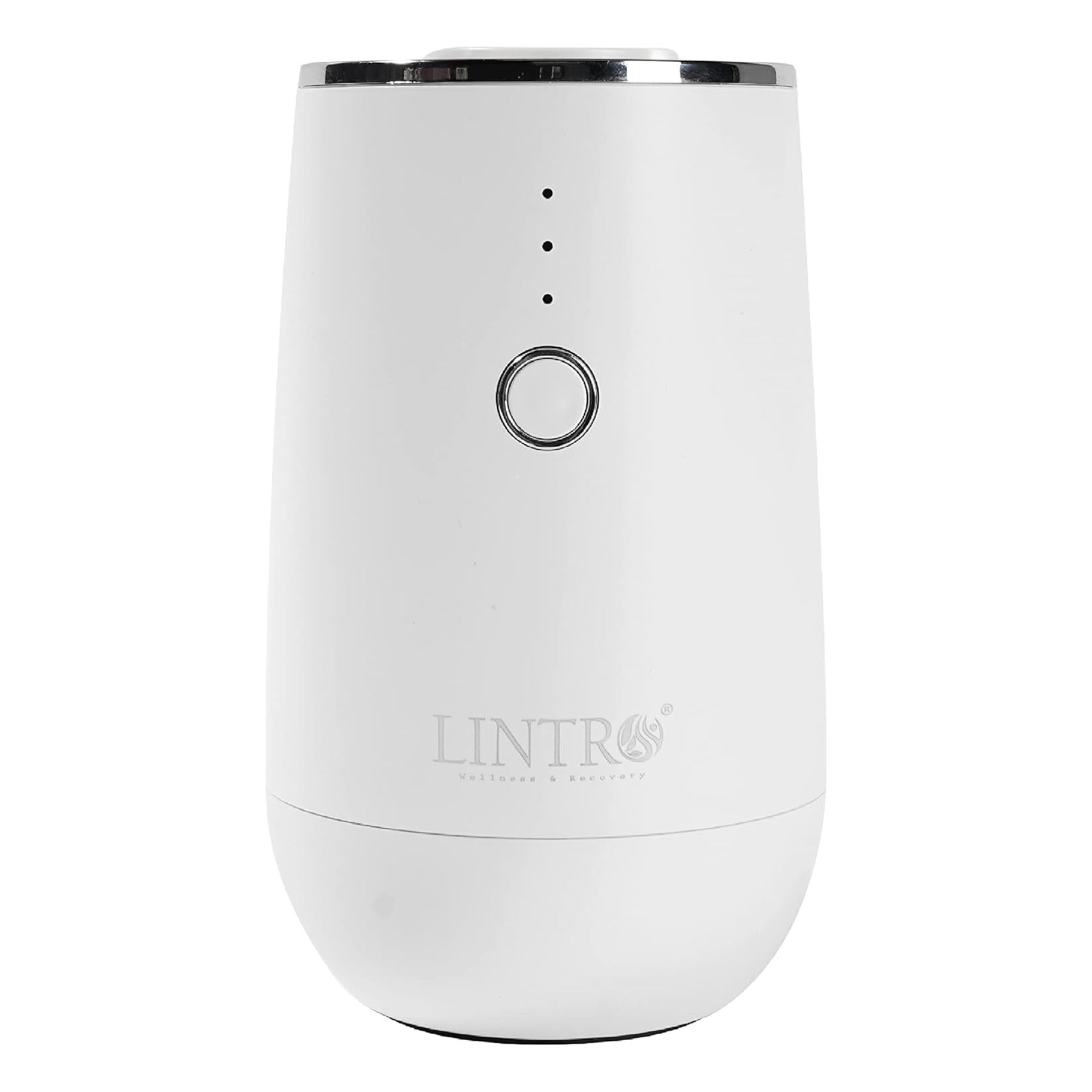 Small white cordless oil diffuser with a central silver button