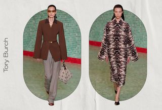 A white background with two ovals filled with runway images from the Tory Burch S/S 25 show. Text on the left side says "Tory Burch."