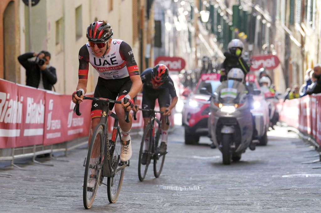 SIENA, ITALY - MARCH 06: Tadej Pogacar of Slovenia and UAE Team Emirates &amp; Thomas Pidcock of United Kingdom and Team INEOS Grenadiers during the Eroica - 15th Strade Bianche 2021, Men's Elite a 184km race from Siena to Siena - Piazza del Campo / #StradeBianche / on March 06, 2021 in Siena, Italy. (Photo by Luc Claessen/Getty Images)