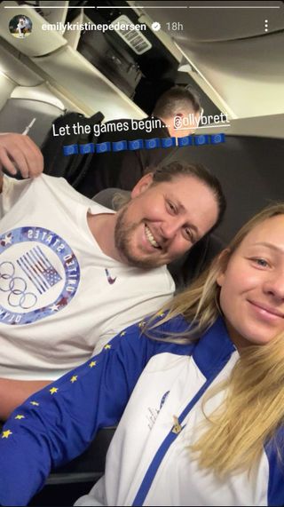 Olly Brett and Emily Kristine Pedersen on a plane with the caption "Let the games begin" ahead of the 2024 Solheim Cup