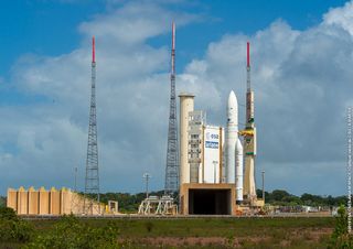 An Ariane 5 rocket stands on the launchpad at the Guiana Space Center in Kourou, French Guiana, on Feb. 4, 2019. The rocket is scheduled to launch two communications satellites for Saudi Arabia and India on Feb. 5.
