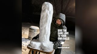 Testicular Cancer Foundation's campaign featuring a man making a large phallus out of snow