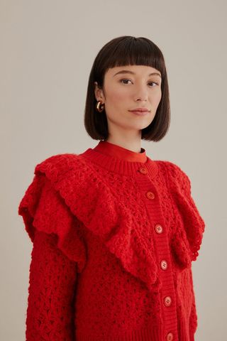 FARM RIO ACTIVE, Red Flower Texture Knit Cardigan