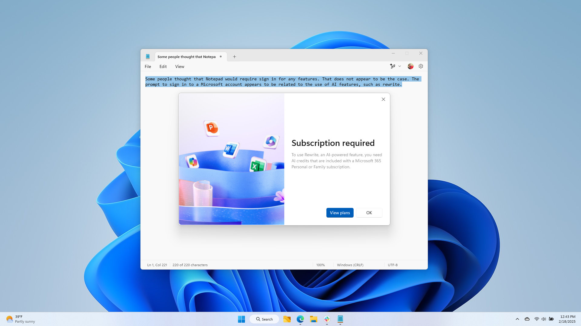 Notepad showing an ad to sign up for Microsoft 365 to use the Rewrite feature.