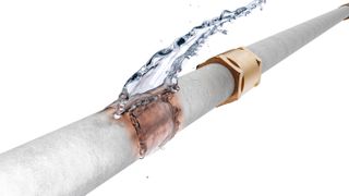 A frozen water pipe springs a leak.