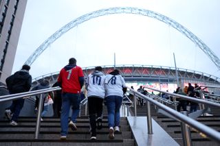 LONDON, ENGLAND - MARCH 27: Fans arrive outside the stadium prior to the international friendly match between England and Uruguay at Wembley Stadium on March 27, 2026 in London, England. (Photo by Alex Davidson - The FA/The FA via Getty Images)