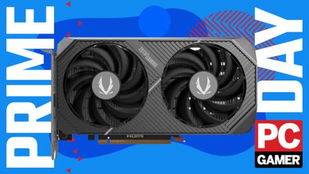 A Zotac RTX 5060 Ti 8 GB graphics card on a blue and red Prime Day deals background
