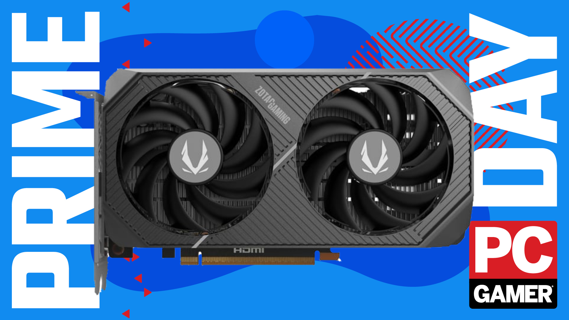 A Zotac RTX 5060 Ti 8 GB graphics card on a blue and red Prime Day deals background