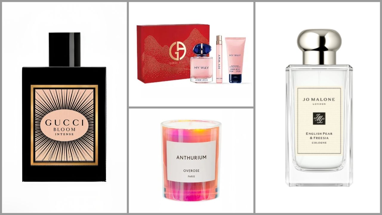 product collage of Armani My Way Eau de Parfum Gift Set, Gucci Bloom Eau De Parfum Intense, Jo Malone English Pear and Freesia Cologne, Overose Anthurium Holographic candle on white background with grey border