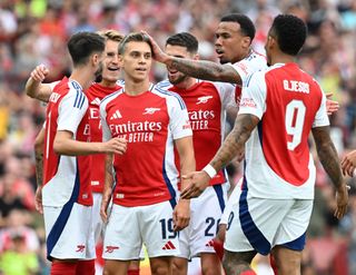 LONDON, ENGLAND - AUGUST 07: Leandro Trossard celebrates scoring Arsenal&#039;s 2nd goal with Gabriel Magalhaes and his team mates during the pre-season friendly match between Arsenal and Bayer 04 Leverkusen at Emirates Stadium on August 07, 2024 in London, England. (Photo by David Price/Arsenal FC via Getty Images)