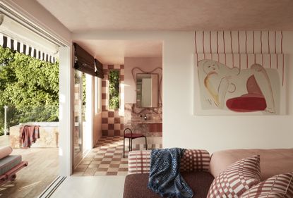 bedroom and built-in makeup vanity with pink checkerboard flooring