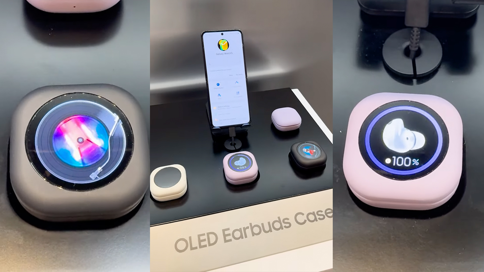 Three images showing the OLED screen of the Samsung Galaxy Buds concept