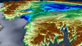 A topological map showing the location of the two potential impact craters hidden under Greenland's ice sheet.
