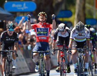 Caleb Ewan celebrates winning stage 4 at the Tour Down Under