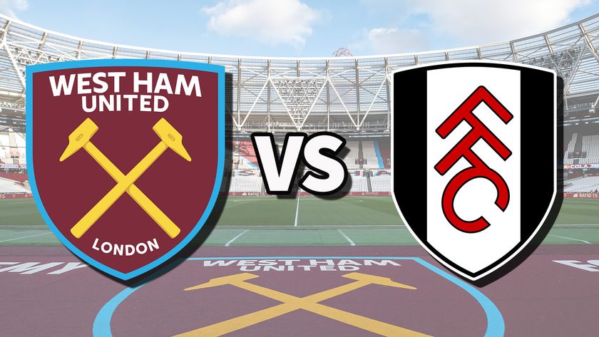 The West Ham United and Fulham club badges on top of a photo of London Stadium in London, England