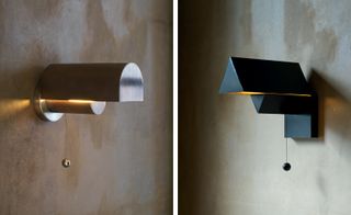 A double image of Workstead's lighting sconces. On the left is a half-oval shape lighting device. On the right is a pyramid/Toblerone style lighting device.