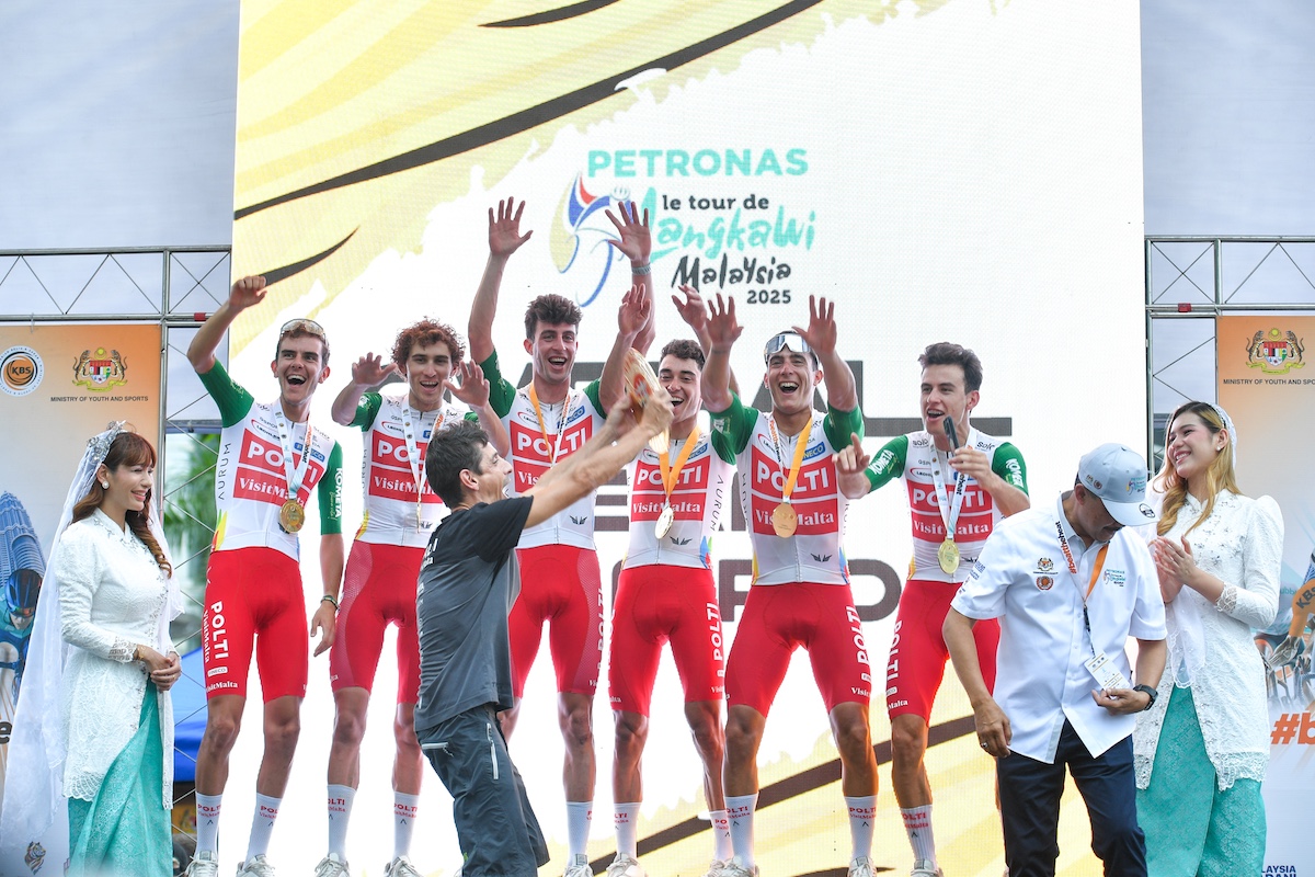 Polti-VisitMalta&#039;s 2025 Petronas Le Tour de Langkawi squad and sports director Jesus Hernandez celebrate claiming the teams classification