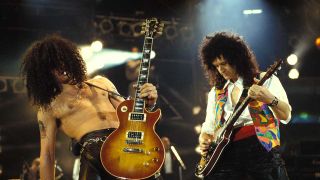 Slash and Brian May onstage at the Freddie Mercury Tribute Concert