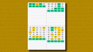 Quordle Daily Sequence answers for game 1155 on a yellow background