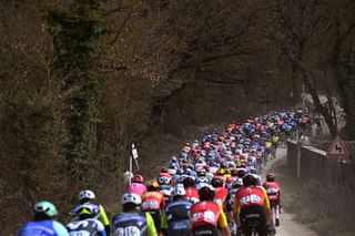 SIENA ITALY MARCH 08 A general view of the peloton competing during the 19th Strade Bianche 2025 Mens Elite a 213km one day race from Siena to Siena 320m UCIWT on March 08 2025 in Siena Italy Photo by Tim de WaeleGetty Images