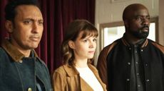 (L to R) Aasif Mandvi, Katja Herbers, and Mike Colter in Evil TV show
