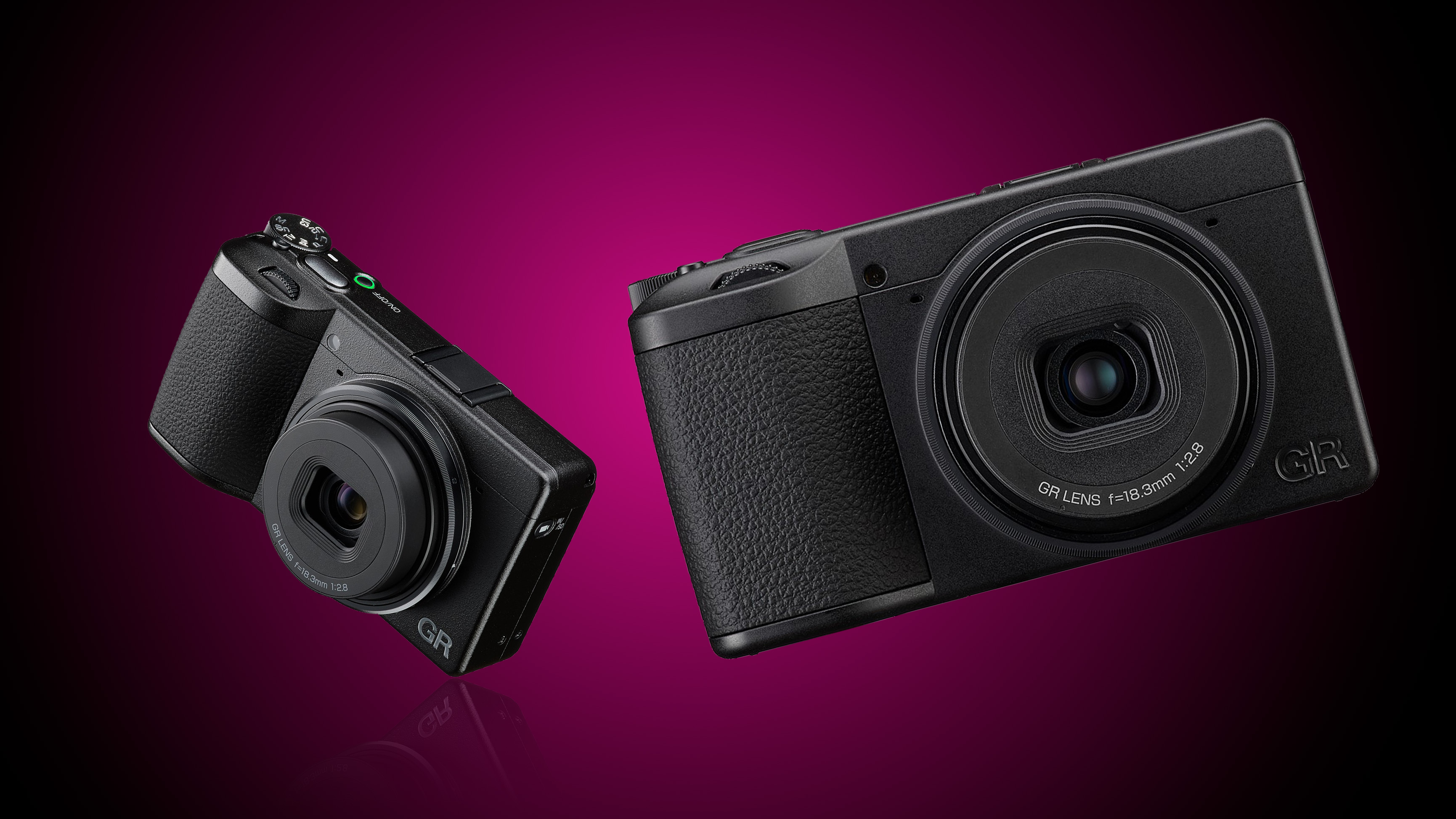The Ricoh GRIV Monochrome and GRIV HDF composited together against a purple gradated background