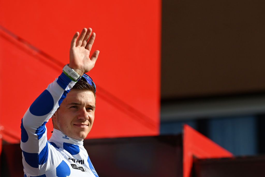 LEKUNBERRI SPAIN SEPTEMBER 10 Remco Evenepoel of Belgium and Team Soudal Quick Step celebrates at podium as Polka dot Mountain Jersey winner during the 78th Tour of Spain 2023 Stage 15 a 1583km stage from Pamplona to Lekunberri UCIWT on September 10 2023 in Lekunberri Spain Photo by Tim de WaeleGetty Images