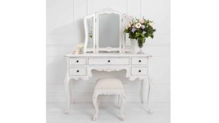 Five drawer dressing table, white wood with three-part mirror and five drawers