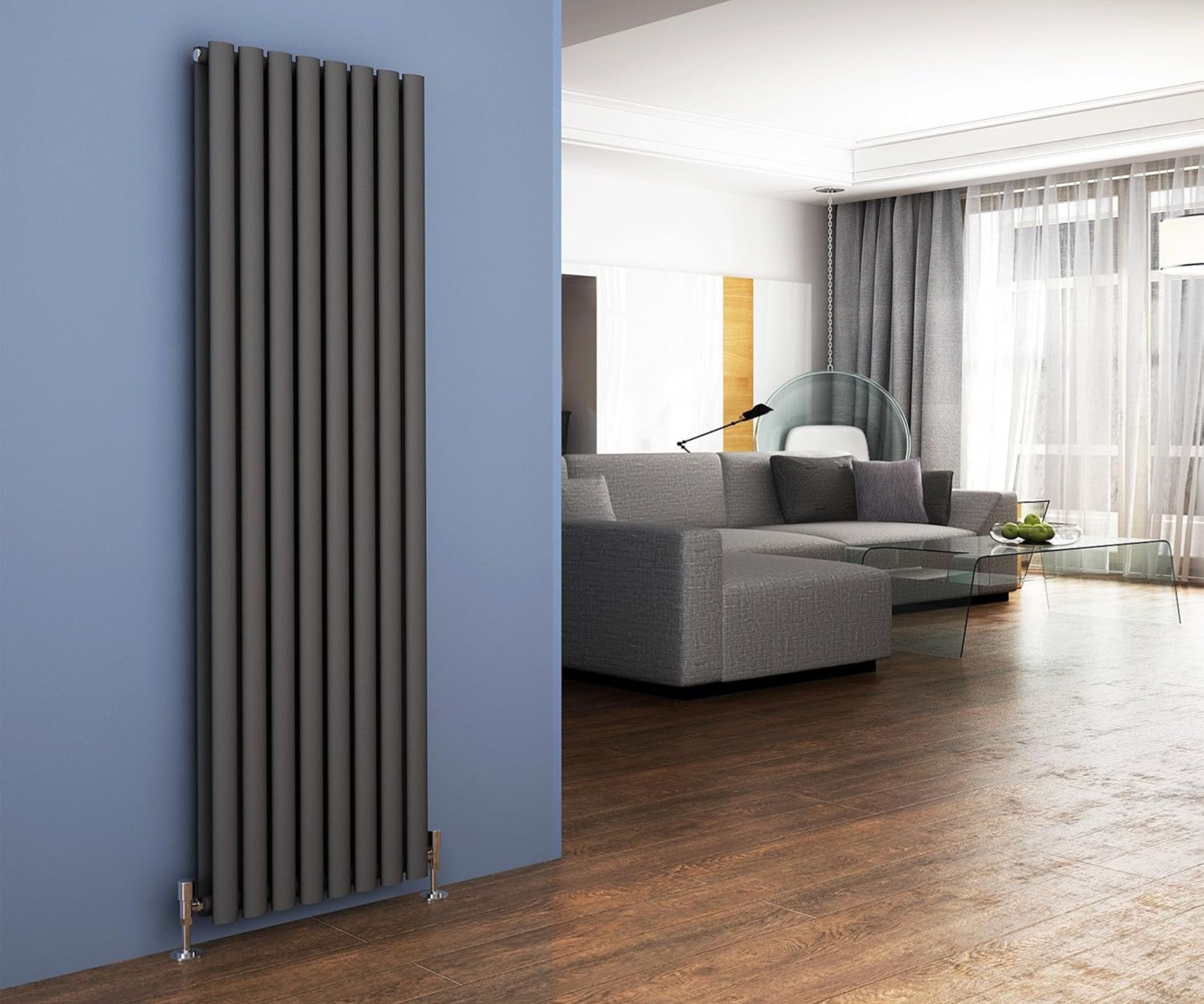 ELEGANT Designer Radiator Double Column fixed to blue wall in living room