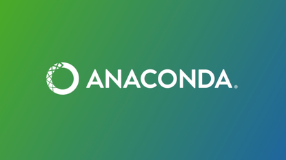 The words Anaconda written on a blue and green square