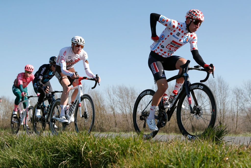 DUNLEPALESTEL FRANCE MARCH 08 Matthew Holmes of United Kingdom and Team Lotto Soudal Polka Dot Mountain Jersey competes during the 80th Paris Nice 2022 Stage 3 a 191km stage from Vierzon to DunlePalestel ParisNice WorldTour on March 08 2022 in DunlePalestel France Photo by Bas CzerwinskiGetty Images