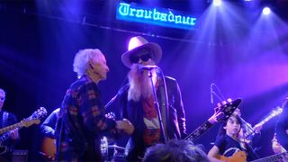 Billy Gibbons onstage with Robby Krieger of The Doors at his 2022 birthday show at the Troubadour in LA