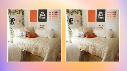 An orange hued background with two pictures of a dorm room