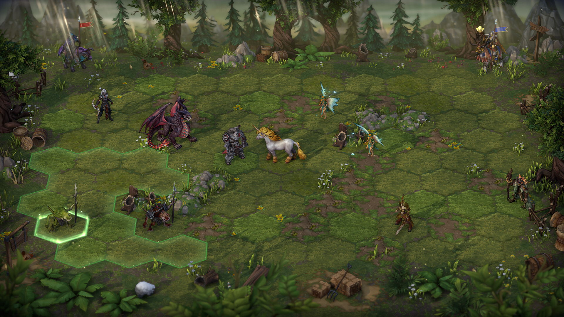 HOMM olden era screenshot of a battle against a Sylvan faction army featuring unicorns and fauns