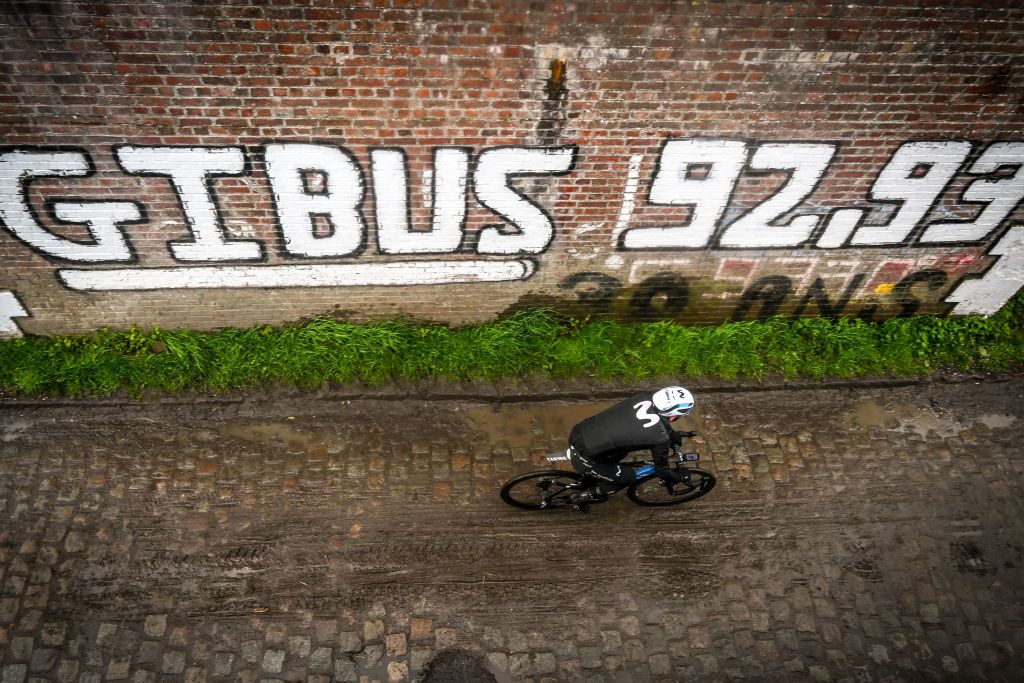 ROUBAIX FRANCE APRIL 06 Rider detail view of Movistar Team during the ParisRoubaix 2023 Training Day 1 UCIWT on April 06 2023 in Roubaix France Photo by Luc ClaessenGetty Images