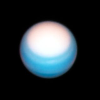 This view of Uranus, taken by Hubble on Oct. 25, 2021, captures a brighter polar region, caused by an increase in ultraviolet radiation absorbed from the sun.