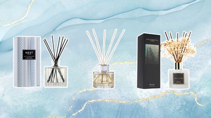 Three reed diffusers on a blue marble background