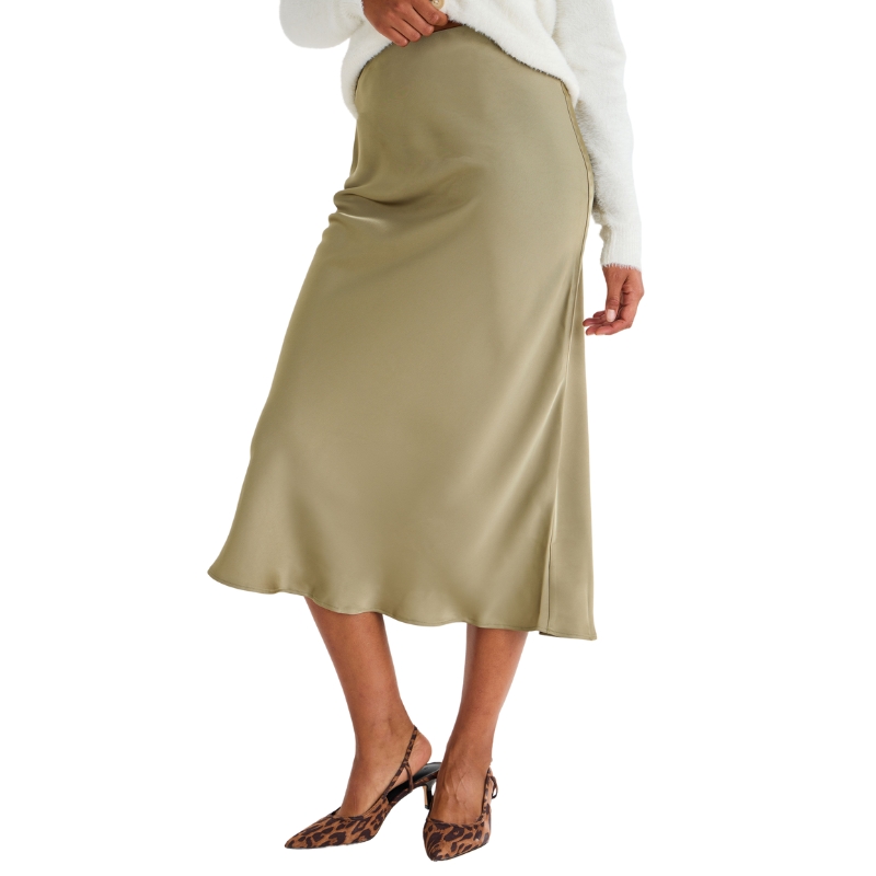 Peacocks, Womens Khaki Plain Satin Midi Skirt