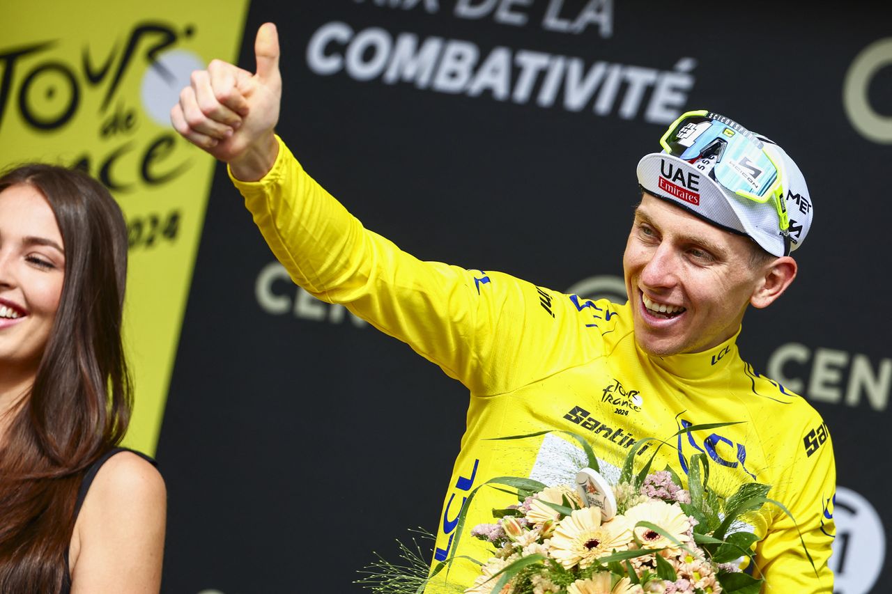 Tadej Pogačar on the Tour de France podium