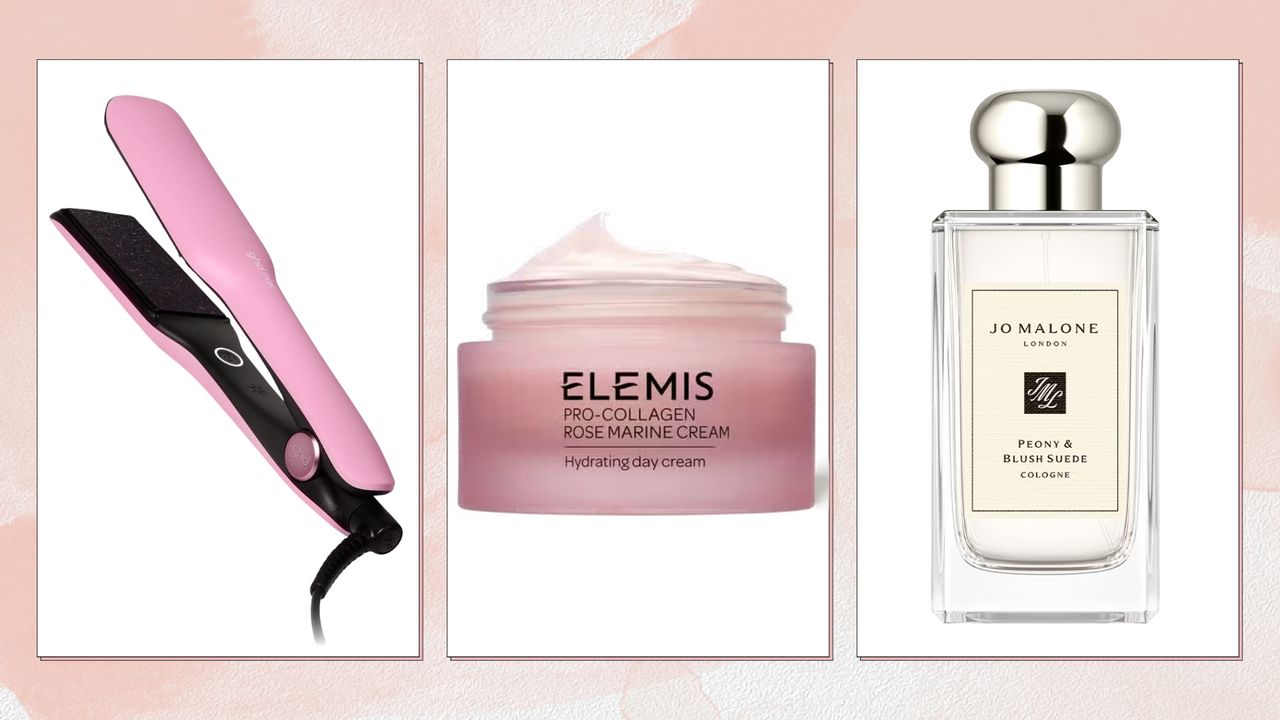 Collage of beauty products (L-R) ghd Max Styler, Elemis Pro-Collagen Rose Cleansing Cream, Jo Malone Peony and Blush Suede Cologne, on a pink background