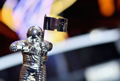 The VMA throphy known as "Moon Person" is seen during the 2018 MTV Video Music Awards press junket at Radio City Music Hall in New York on August 17, 2018.