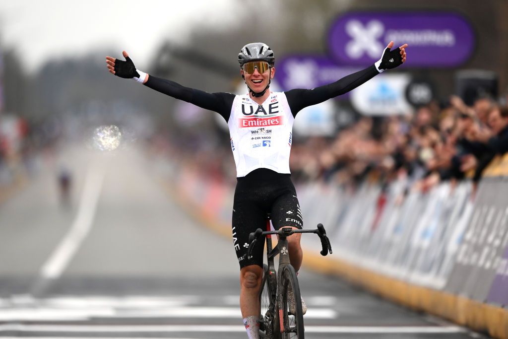 OUDENAARDE BELGIUM APRIL 02 Tadej Pogacar of Slovenia and UAE Team Emirates celebrates at finish line as race winner during the 107th Ronde van Vlaanderen Tour des Flandres 2023 Mens Elite a 2734km one day race from Brugge to Oudenaarde UCIWT on April 02 2023 in Brugge Belgium Photo by Tim de WaeleGetty Images